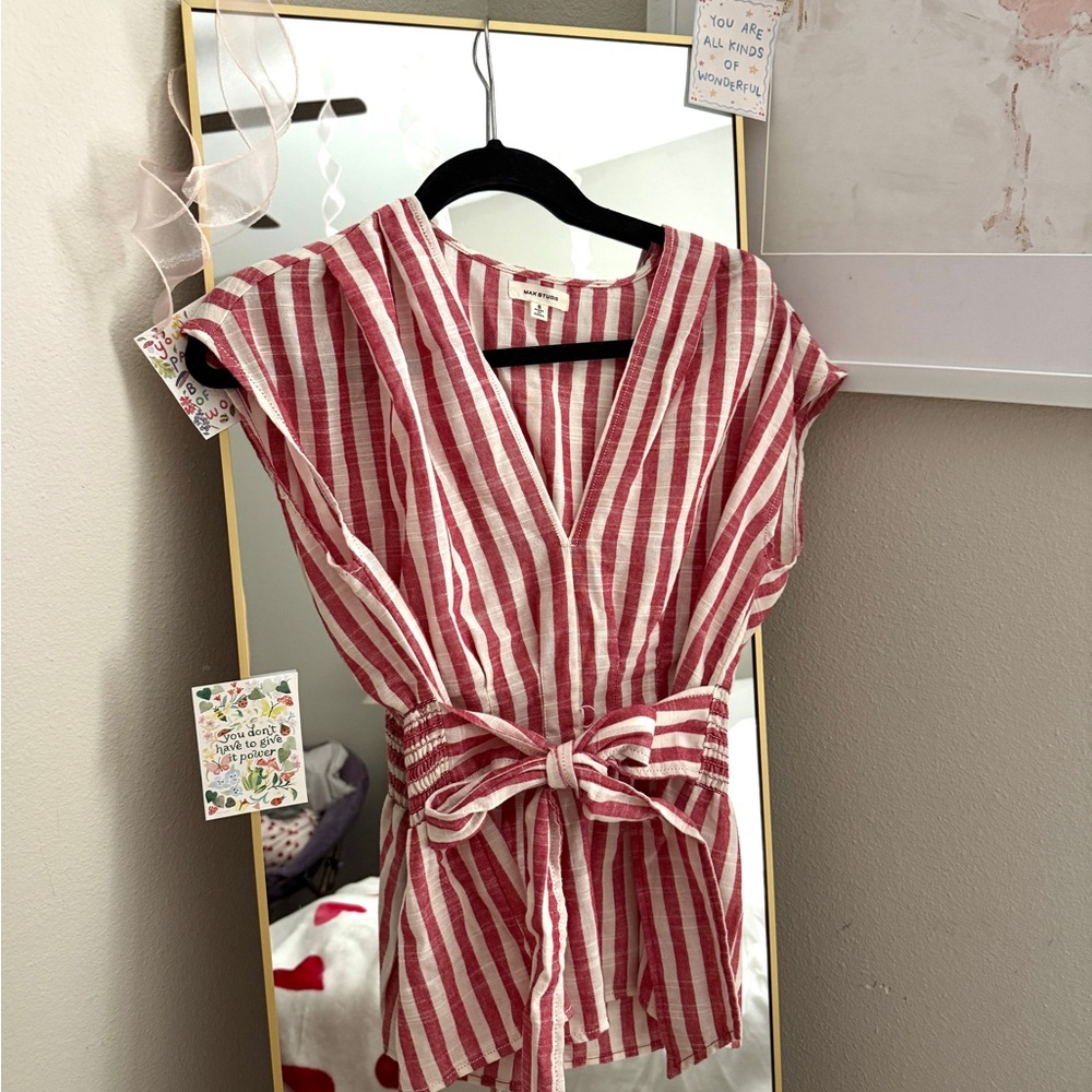 Max Studio Burgundy and White Striped V-Neck Top